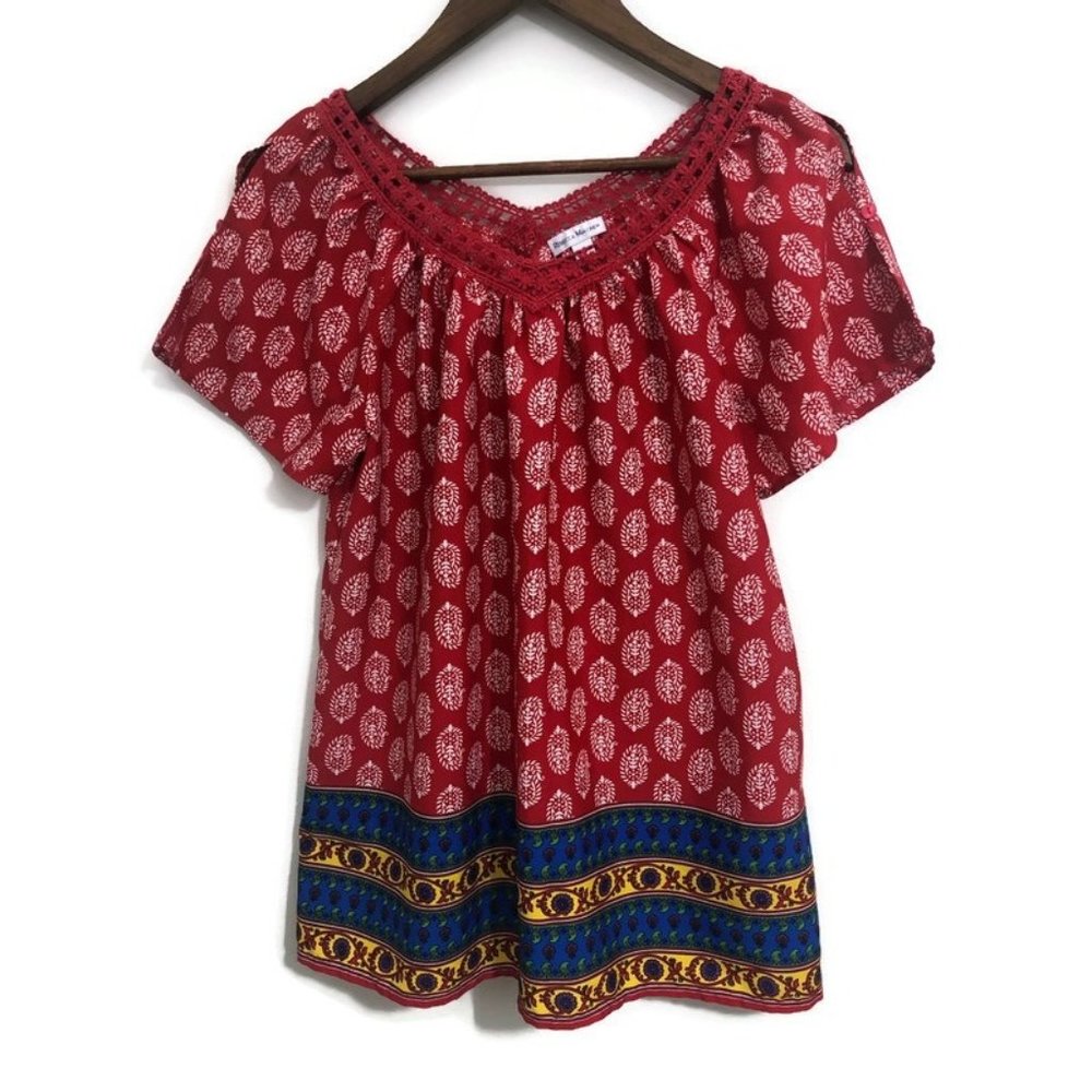 Rebecca Malone Womens Red Print Blouse size Small